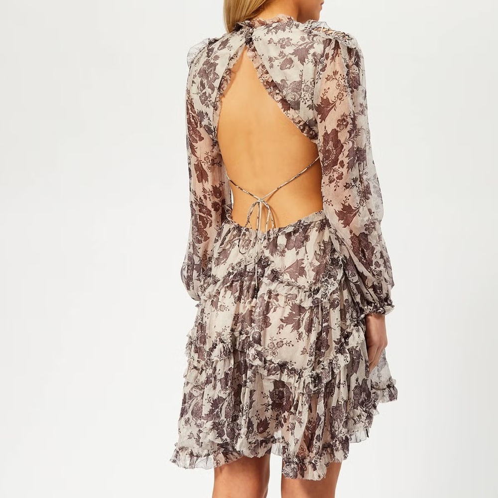 Zimmermann Cream and Brown Floral Ruffle Mini Dress Sz M - Picture 7 of 15